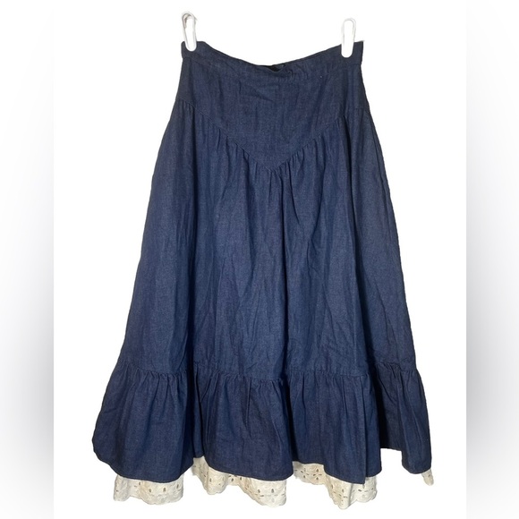 Gunne Sax Vintage Jessica’s Gunnies 70’s Denim MIDI Prairie Skirt Size 7 - Picture 2 of 5